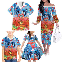 Hawaiian Love-Couple Dolphins and Flamingos Family Matching Off The Shoulder Long Sleeve Dress and Hawaiian Shirt - Polynesian Pride