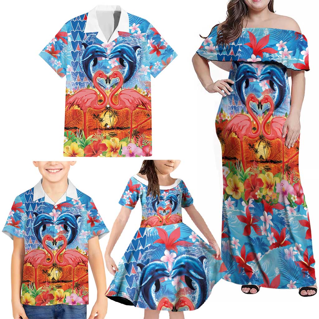 Hawaiian Love-Couple Dolphins and Flamingos Family Matching Off Shoulder Maxi Dress and Hawaiian Shirt - Polynesian Pride