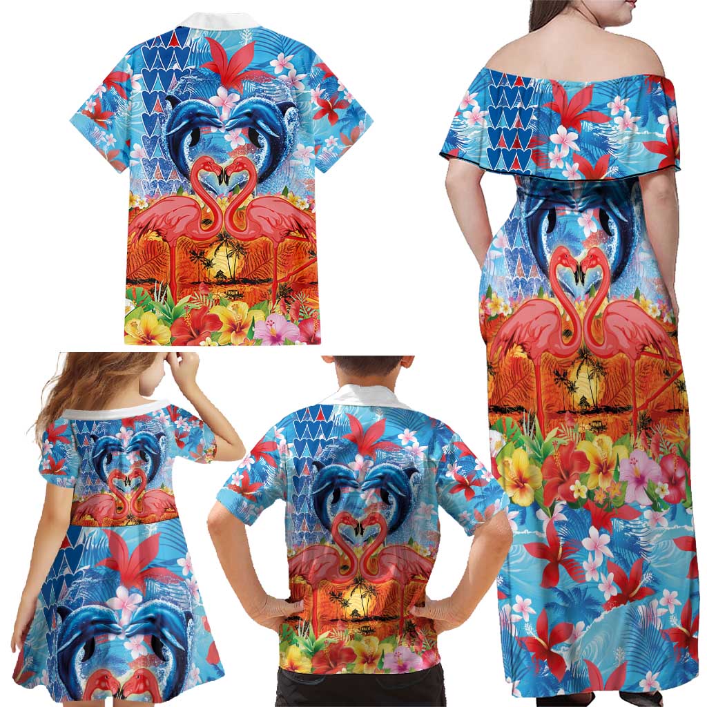 Hawaiian Love-Couple Dolphins and Flamingos Family Matching Off Shoulder Maxi Dress and Hawaiian Shirt - Polynesian Pride