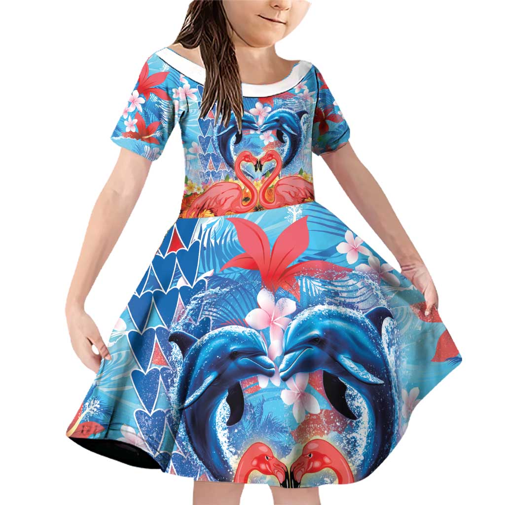 Hawaiian Love-Couple Dolphins and Flamingos Family Matching Off Shoulder Short Dress and Hawaiian Shirt - Polynesian Pride