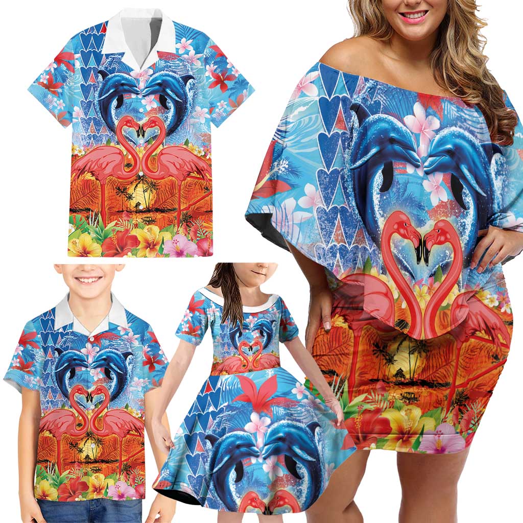 Hawaiian Love-Couple Dolphins and Flamingos Family Matching Off Shoulder Short Dress and Hawaiian Shirt - Polynesian Pride