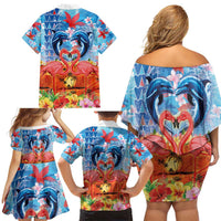 Hawaiian Love-Couple Dolphins and Flamingos Family Matching Off Shoulder Short Dress and Hawaiian Shirt - Polynesian Pride