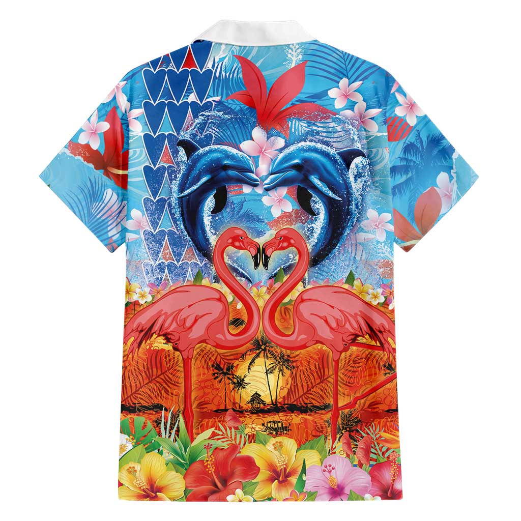 Hawaiian Love-Couple Dolphins and Flamingos Family Matching Puletasi and Hawaiian Shirt - Polynesian Pride