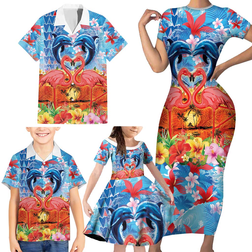 Hawaiian Love-Couple Dolphins and Flamingos Family Matching Short Sleeve Bodycon Dress and Hawaiian Shirt - Polynesian Pride