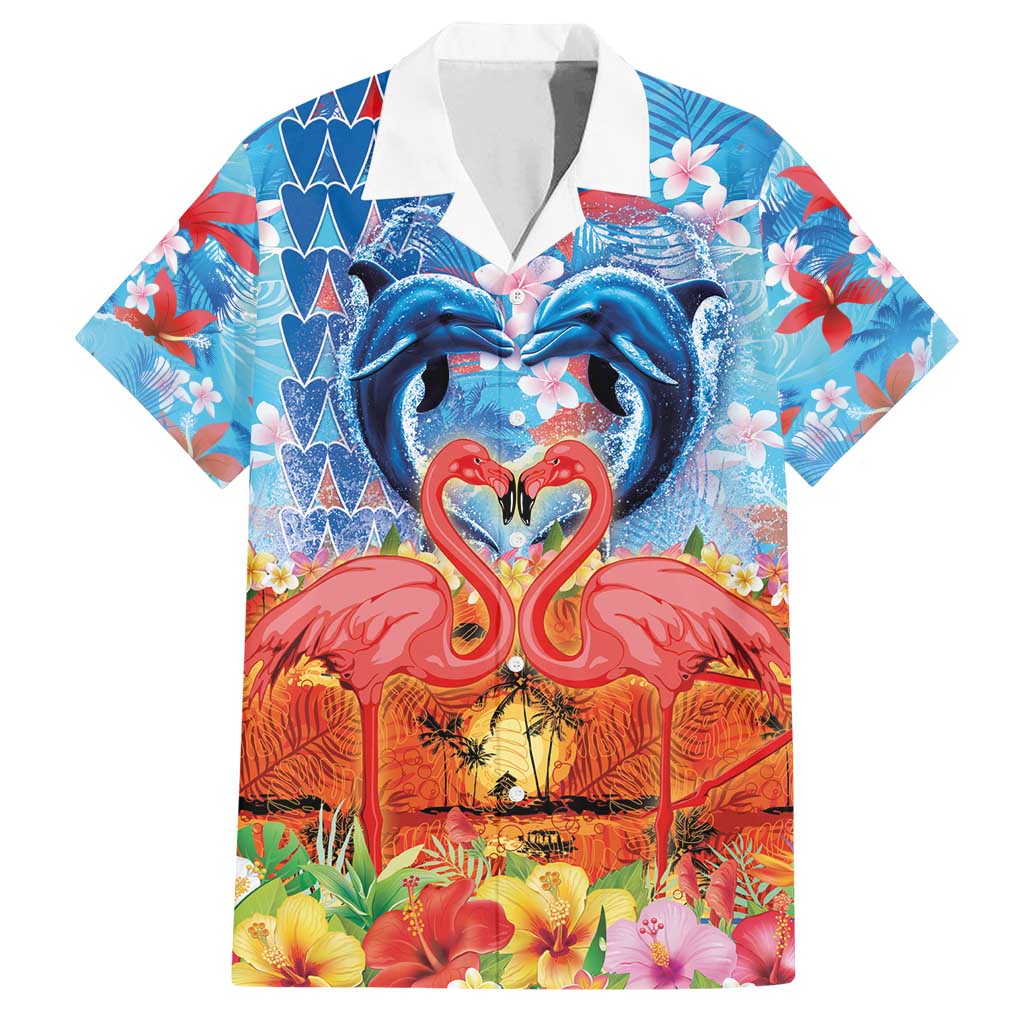 Hawaiian Love-Couple Dolphins and Flamingos Family Matching Tank Maxi Dress and Hawaiian Shirt - Polynesian Pride