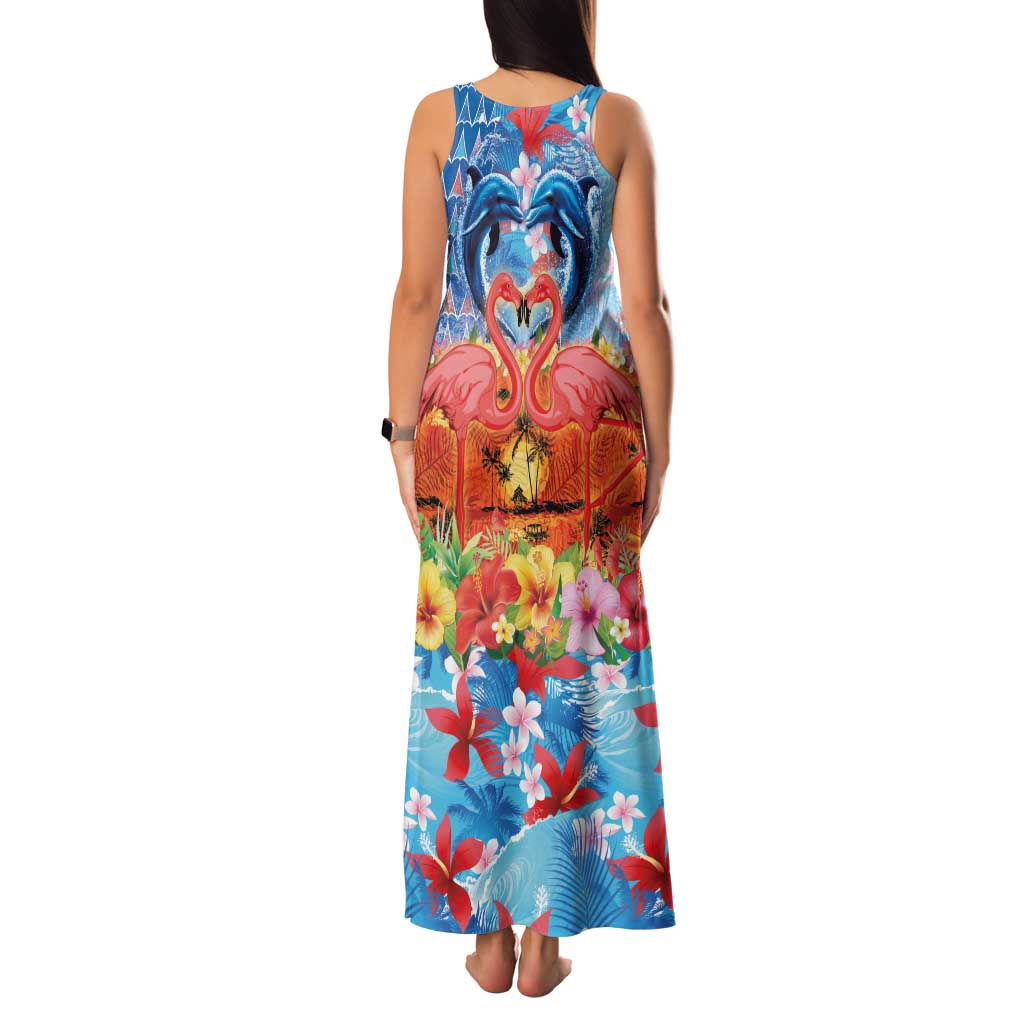 Hawaiian Love-Couple Dolphins and Flamingos Family Matching Tank Maxi Dress and Hawaiian Shirt - Polynesian Pride