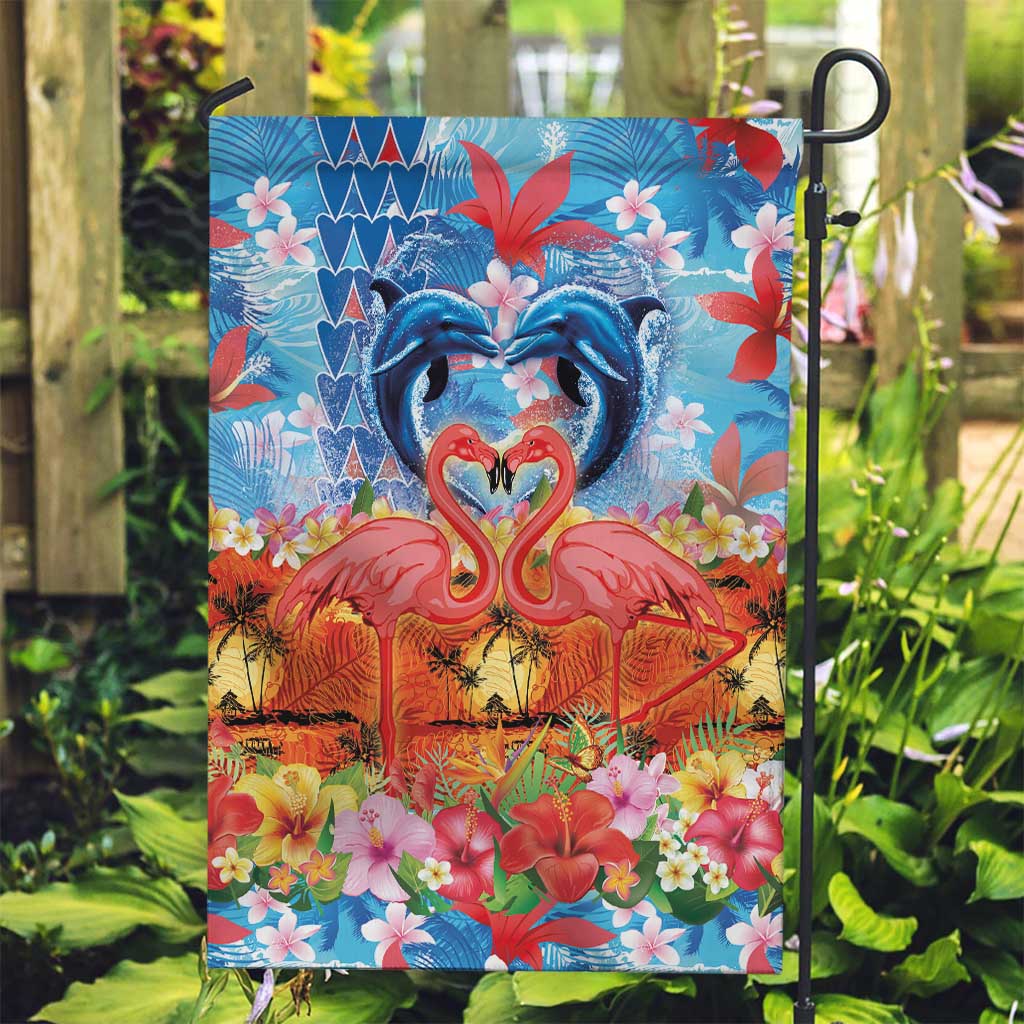 Hawaiian Love-Couple Dolphins and Flamingos Garden Flag - Polynesian Pride