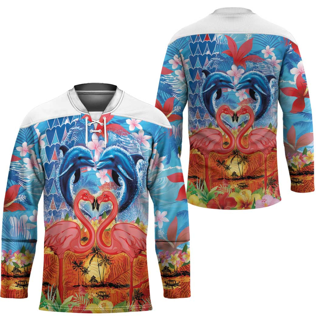 Hawaiian Love-Couple Dolphins and Flamingos Hockey Jersey - Polynesian Pride