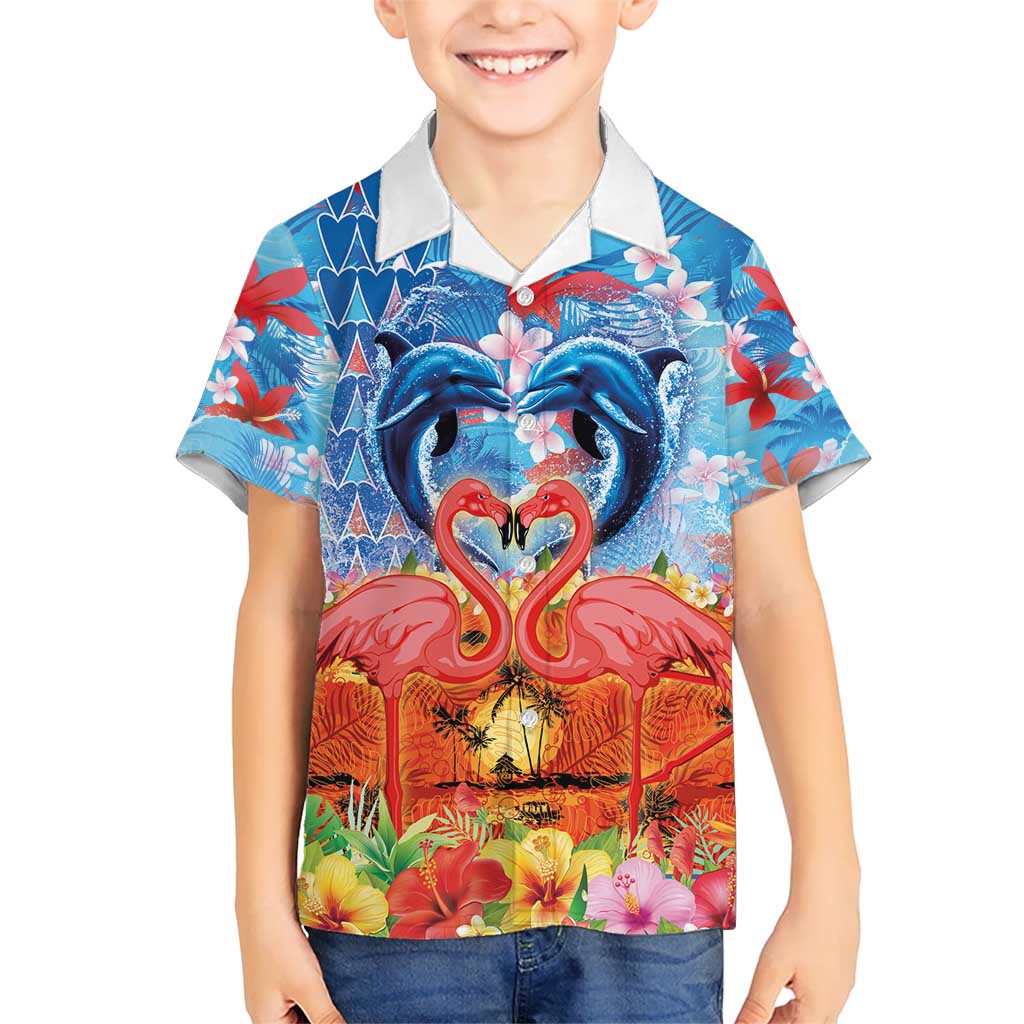 Hawaiian Love-Couple Dolphins and Flamingos Kid Hawaiian Shirt - Polynesian Pride
