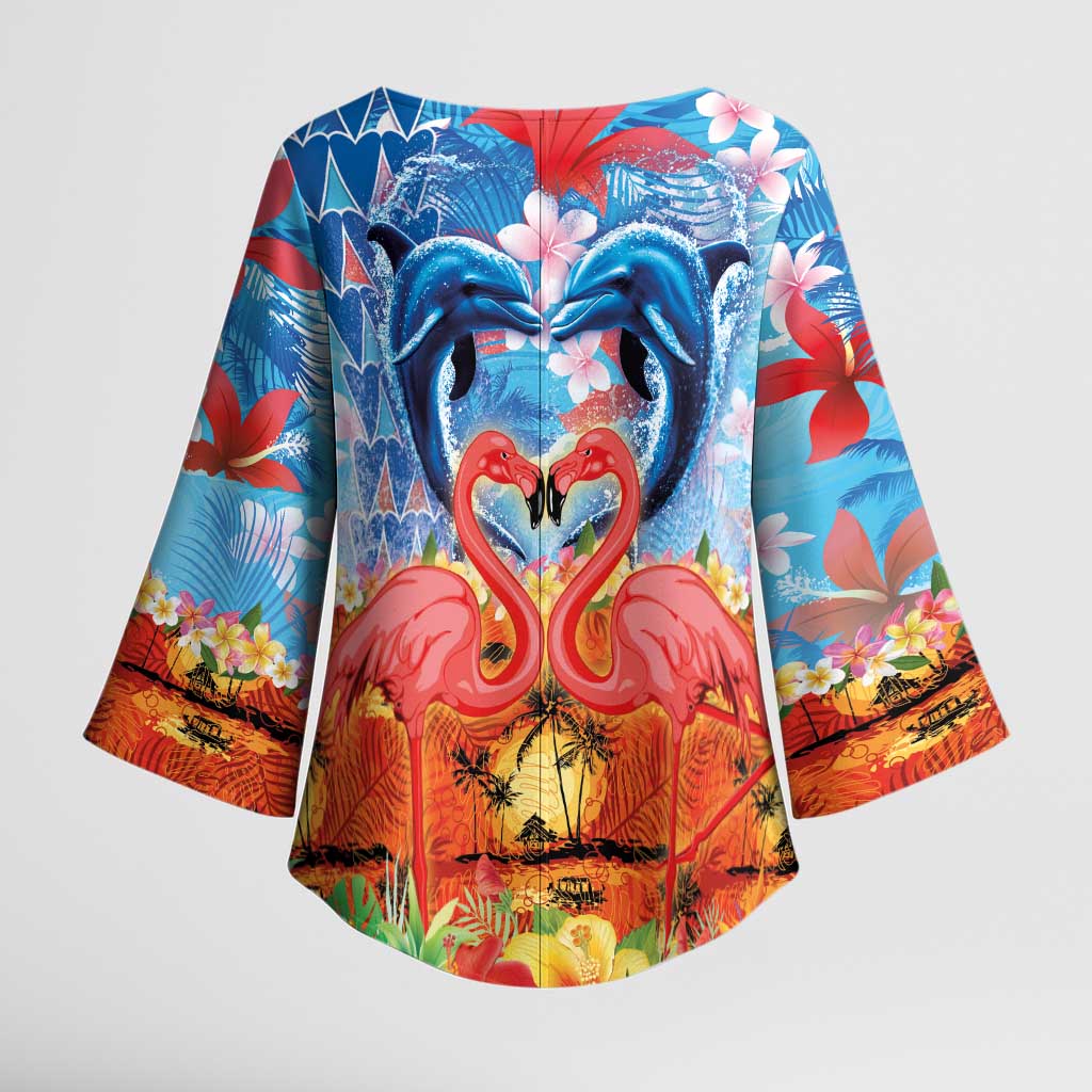 Hawaiian Love-Couple Dolphins and Flamingos Kimono Sleeve Blouse LT03 - Polynesian Pride