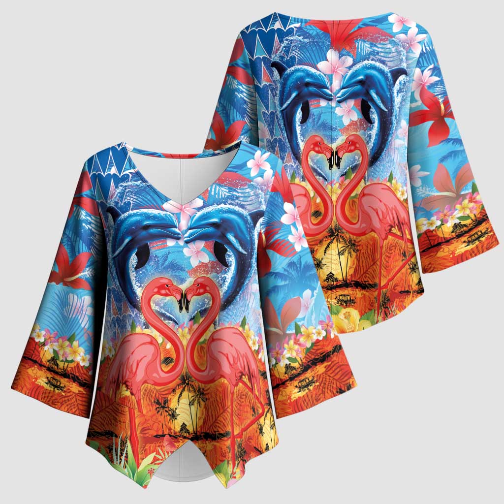 Hawaiian Love-Couple Dolphins and Flamingos Kimono Sleeve Blouse LT03 - Polynesian Pride