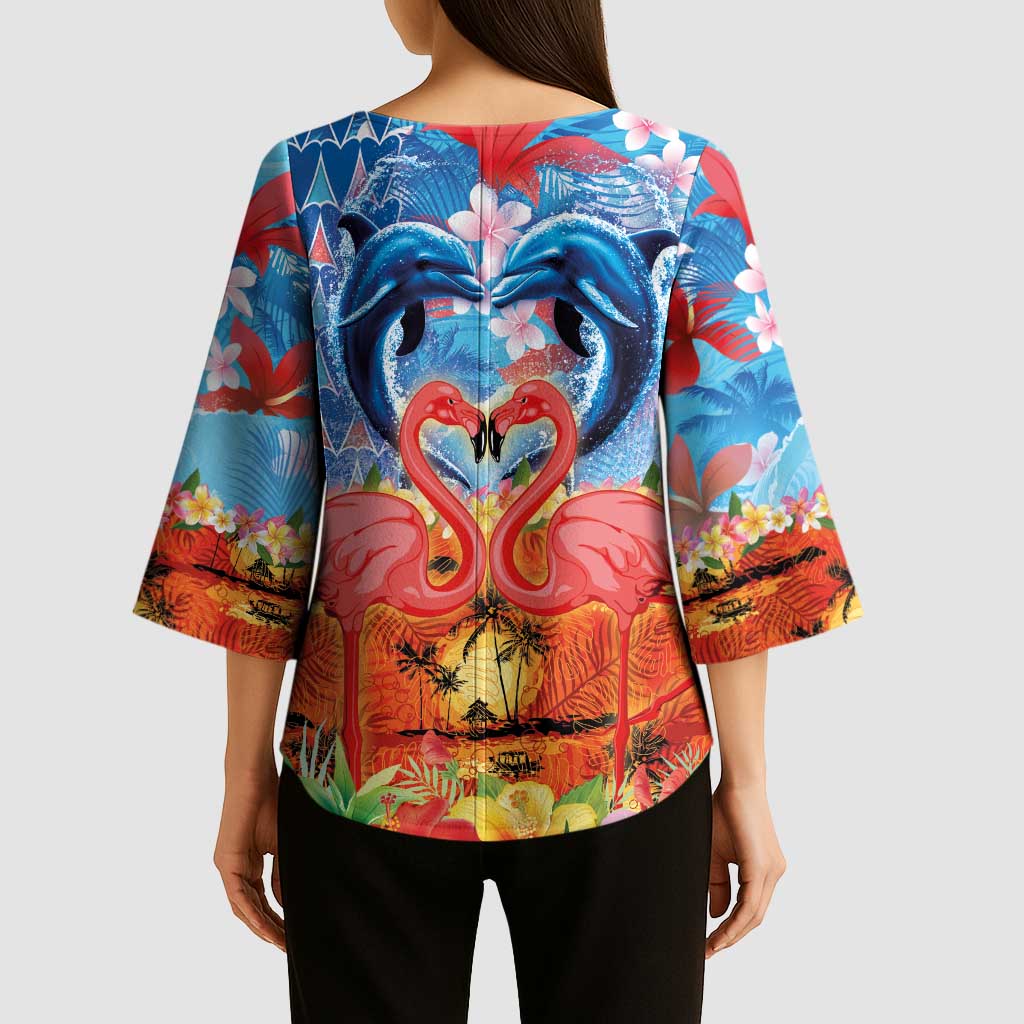 Hawaiian Love-Couple Dolphins and Flamingos Kimono Sleeve Blouse LT03 - Polynesian Pride