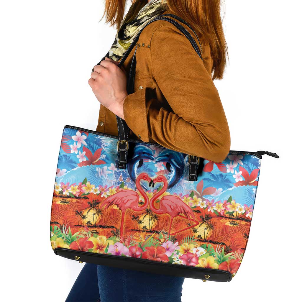 Hawaiian Love-Couple Dolphins and Flamingos Leather Tote Bag - Polynesian Pride