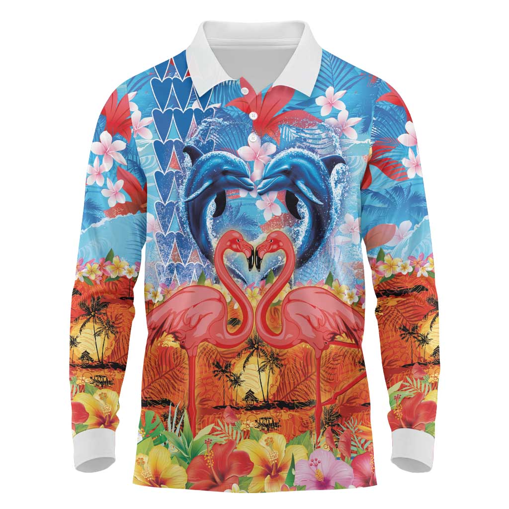 Hawaiian Love-Couple Dolphins and Flamingos Long Sleeve Polo Shirt LT03 Multicolor - Polynesian Pride