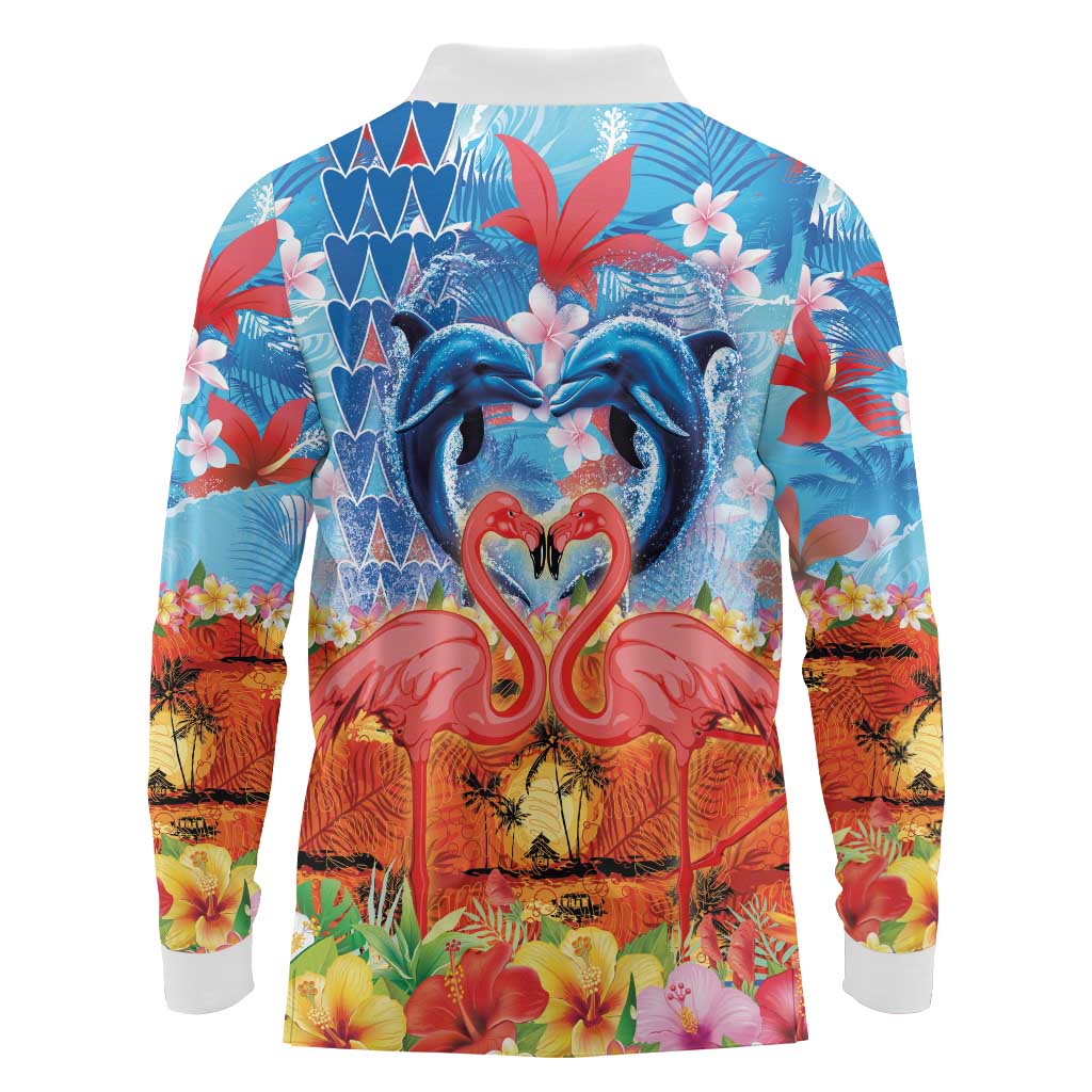 Hawaiian Love-Couple Dolphins and Flamingos Long Sleeve Polo Shirt LT03 - Polynesian Pride