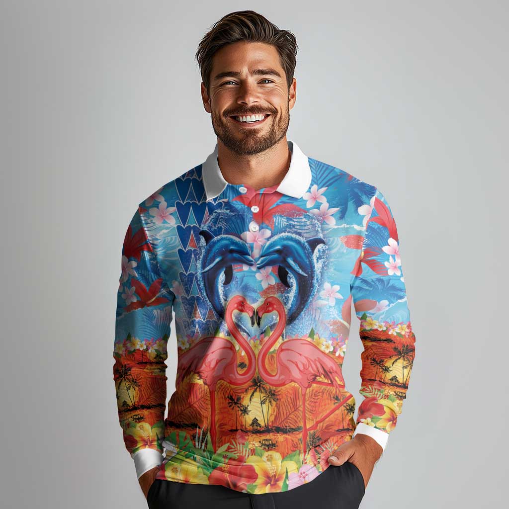 Hawaiian Love-Couple Dolphins and Flamingos Long Sleeve Polo Shirt LT03 - Polynesian Pride