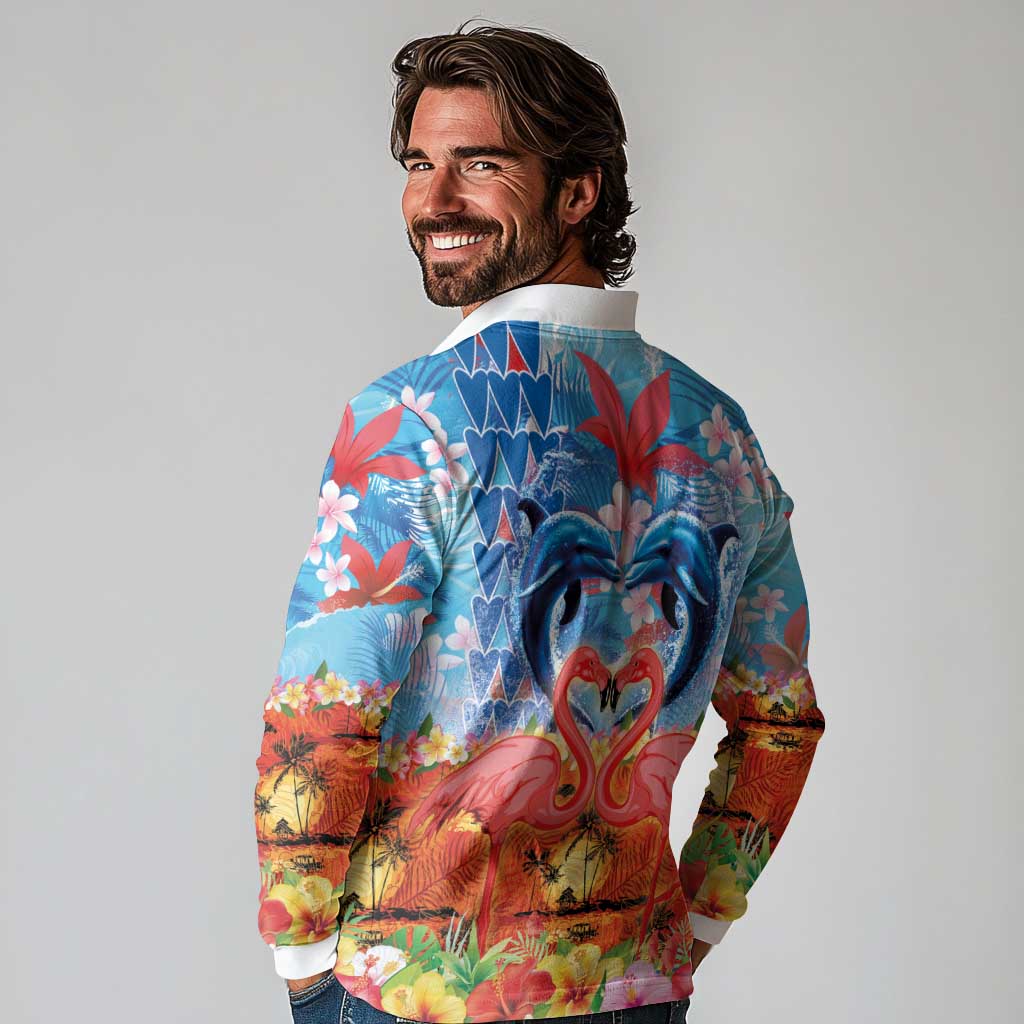 Hawaiian Love-Couple Dolphins and Flamingos Long Sleeve Polo Shirt LT03 - Polynesian Pride