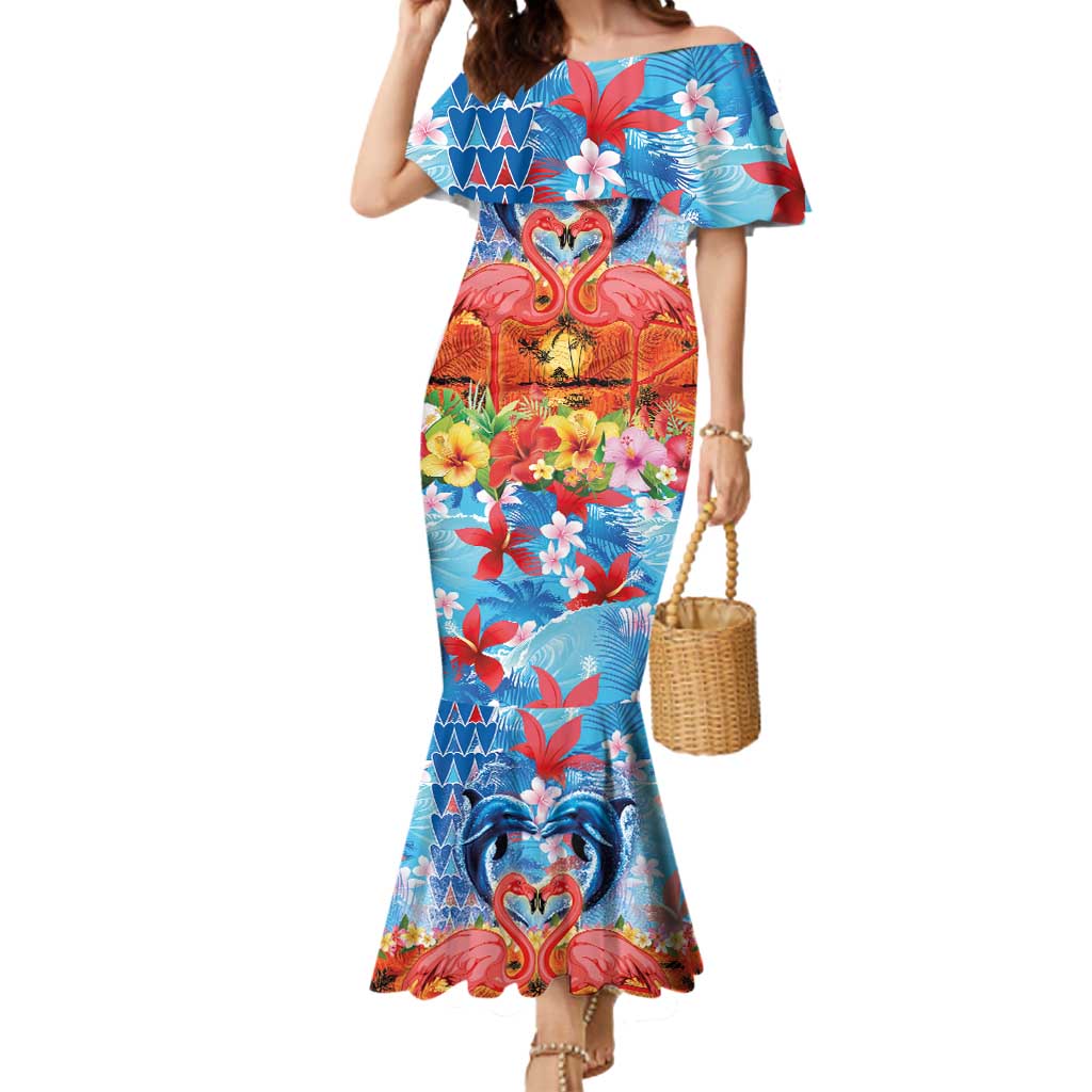 Hawaiian Love-Couple Dolphins and Flamingos Mermaid Dress - Polynesian Pride