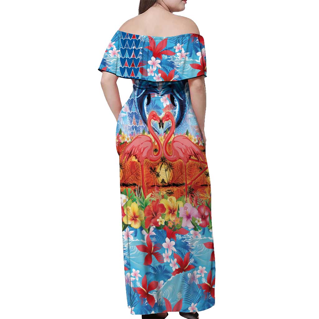 Hawaiian Love-Couple Dolphins and Flamingos Off Shoulder Maxi Dress - Polynesian Pride