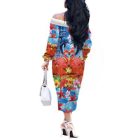 Hawaiian Love-Couple Dolphins and Flamingos Off The Shoulder Long Sleeve Dress - Polynesian Pride