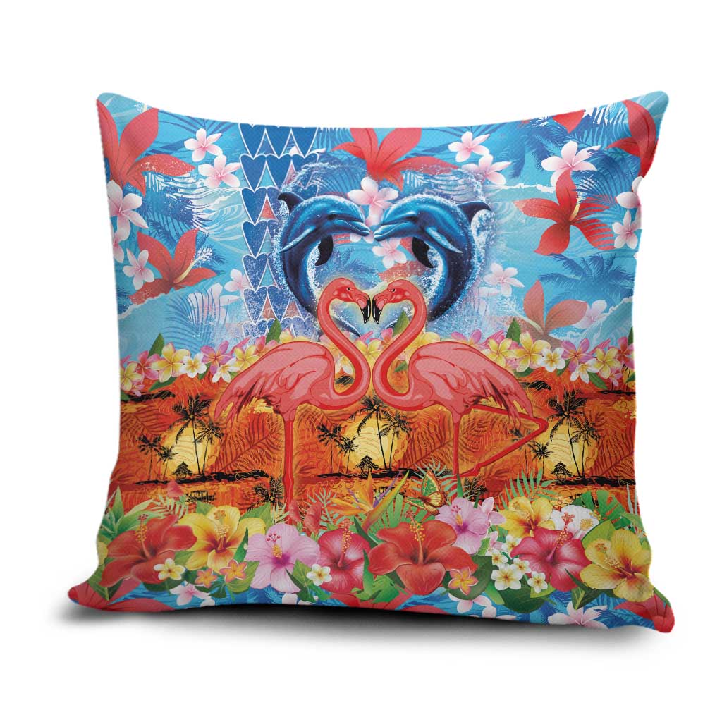 Hawaiian Love-Couple Dolphins and Flamingos Pillow Cover - Polynesian Pride