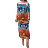 Hawaiian Love-Couple Dolphins and Flamingos Puletasi LT03 Long Dress Multicolor - Polynesian Pride