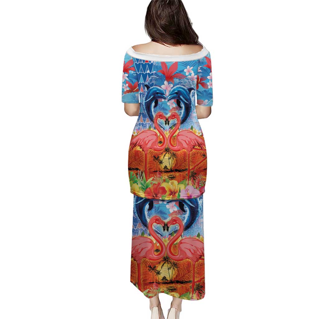 Hawaiian Love-Couple Dolphins and Flamingos Puletasi LT03 - Polynesian Pride