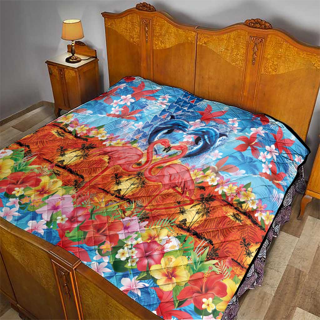 Hawaiian Love-Couple Dolphins and Flamingos Quilt - Polynesian Pride