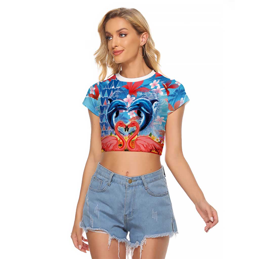 Hawaiian Love-Couple Dolphins and Flamingos Raglan Cropped T Shirt LT03 Female Multicolor - Polynesian Pride