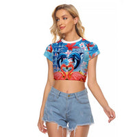 Hawaiian Love-Couple Dolphins and Flamingos Raglan Cropped T Shirt LT03 Female Multicolor - Polynesian Pride