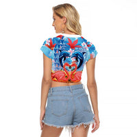 Hawaiian Love-Couple Dolphins and Flamingos Raglan Cropped T Shirt LT03 - Polynesian Pride