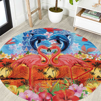 Hawaiian Love-Couple Dolphins and Flamingos Round Carpet - Polynesian Pride