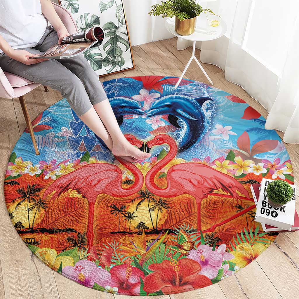Hawaiian Love-Couple Dolphins and Flamingos Round Carpet - Polynesian Pride