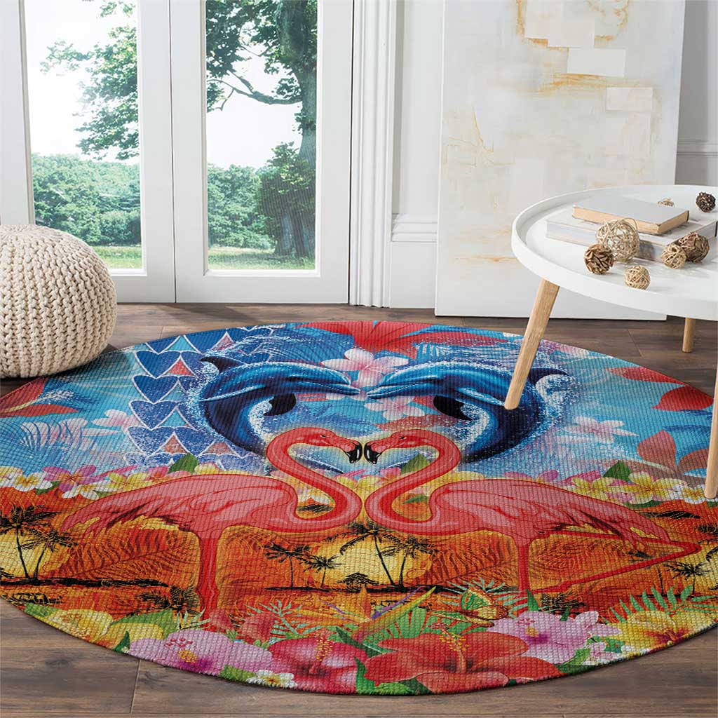 Hawaiian Love-Couple Dolphins and Flamingos Round Carpet - Polynesian Pride
