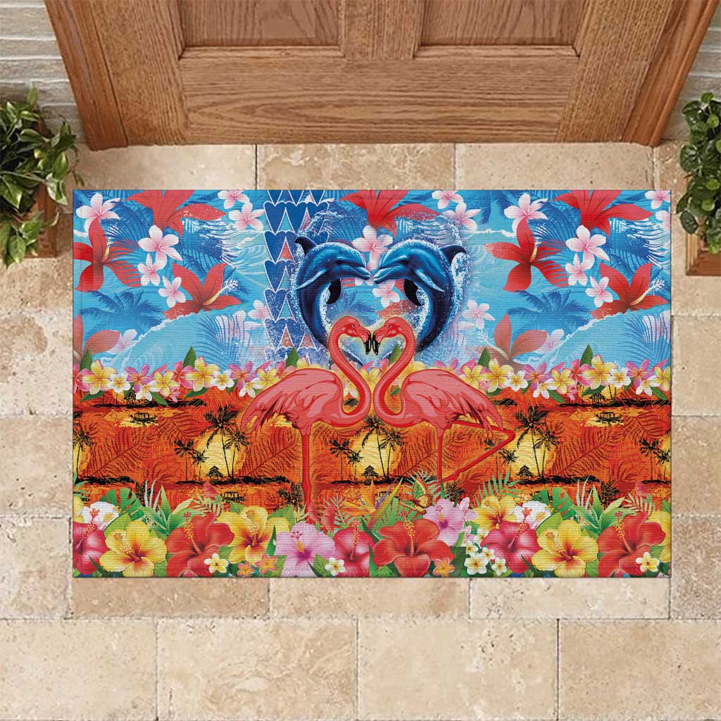 Hawaiian Love-Couple Dolphins and Flamingos Rubber Doormat LT03 Multicolor - Polynesian Pride
