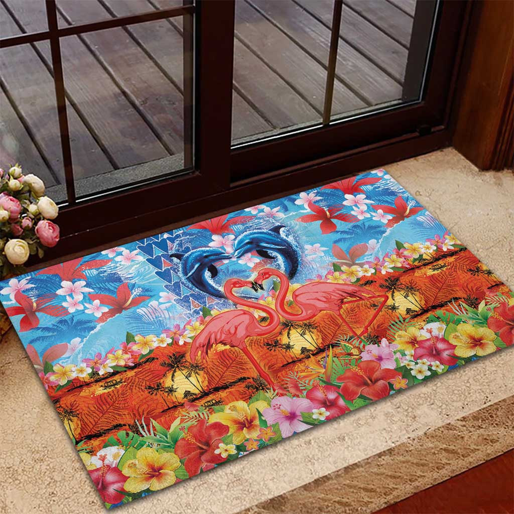 Hawaiian Love-Couple Dolphins and Flamingos Rubber Doormat LT03 - Polynesian Pride