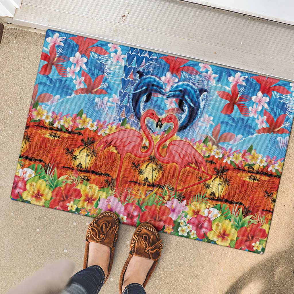 Hawaiian Love-Couple Dolphins and Flamingos Rubber Doormat LT03 - Polynesian Pride