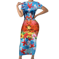 Hawaiian Love-Couple Dolphins and Flamingos Short Sleeve Bodycon Dress - Polynesian Pride