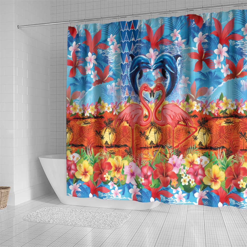 Hawaiian Love-Couple Dolphins and Flamingos Shower Curtain - Polynesian Pride