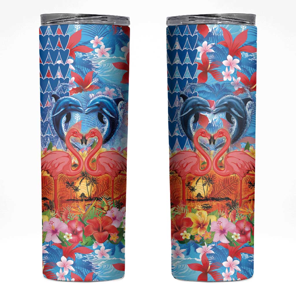 Hawaiian Love-Couple Dolphins and Flamingos Skinny Tumbler - Polynesian Pride