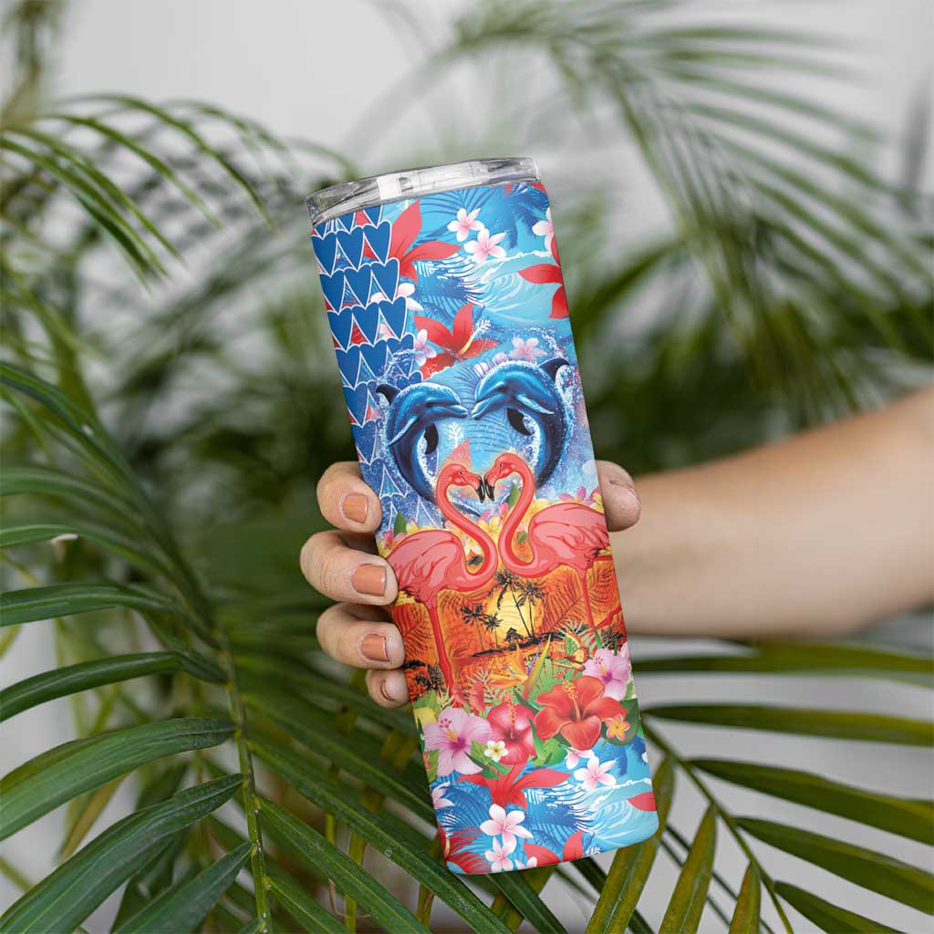 Hawaiian Love-Couple Dolphins and Flamingos Skinny Tumbler - Polynesian Pride