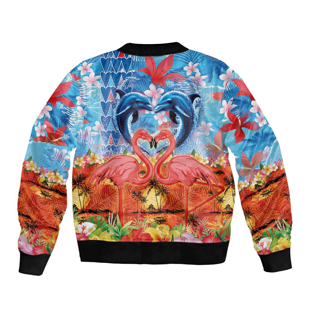 Hawaiian Love-Couple Dolphins and Flamingos Sleeve Zip Bomber Jacket - Polynesian Pride