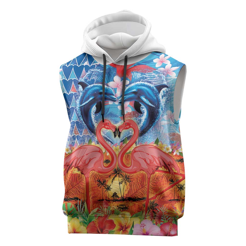 Hawaiian Love-Couple Dolphins and Flamingos Sleeveless Hoodie LT03 Multicolor - Polynesian Pride
