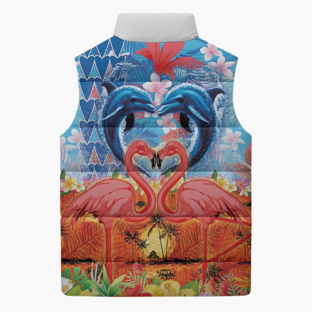 Hawaiian Love-Couple Dolphins and Flamingos Sleeveless Puffer Jacket - Polynesian Pride