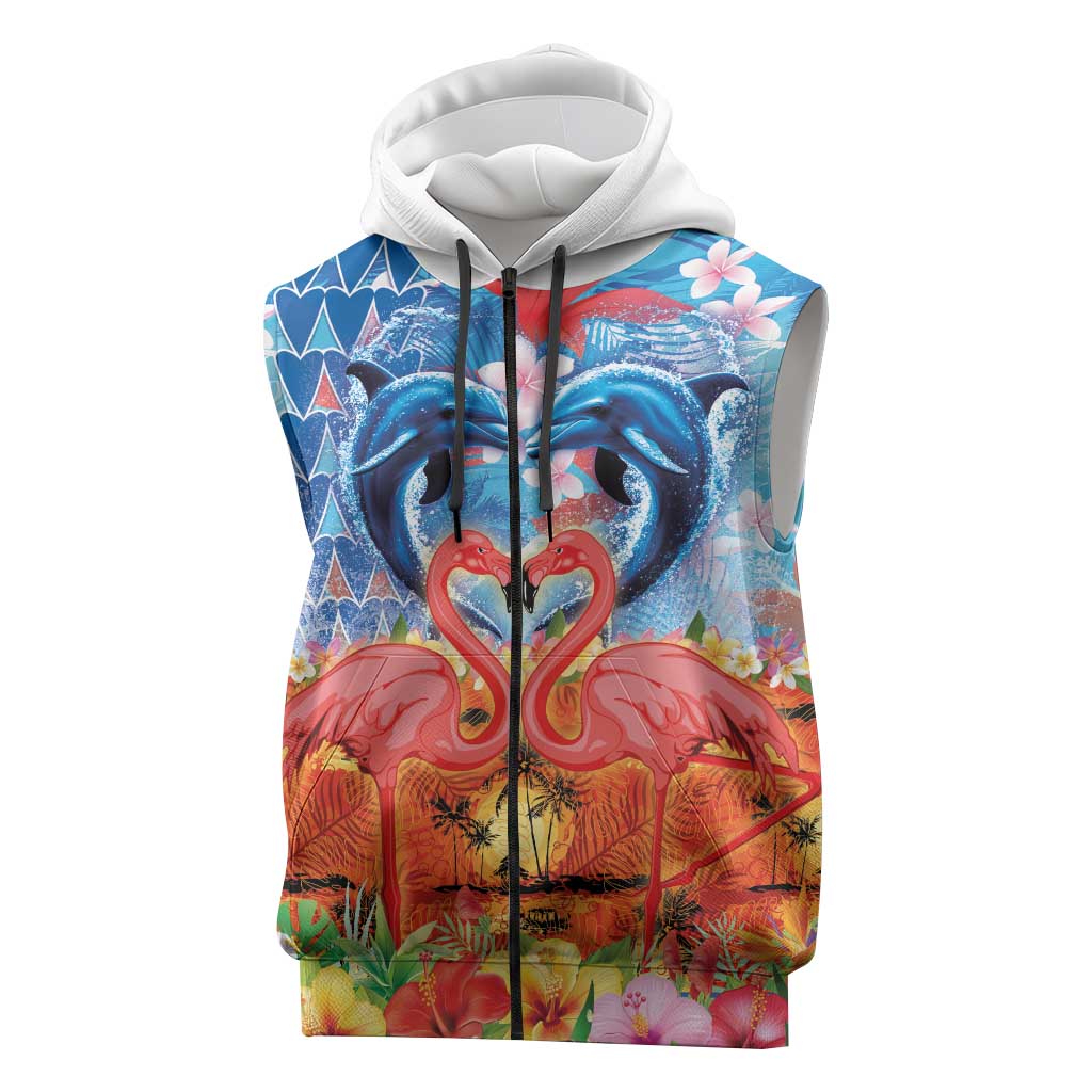 Hawaiian Love-Couple Dolphins and Flamingos Sleeveless Zip Hoodie LT03 Multicolor - Polynesian Pride