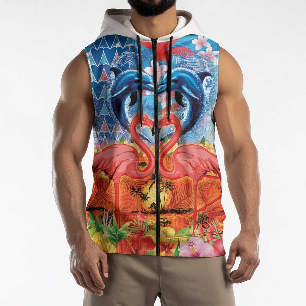 Hawaiian Love-Couple Dolphins and Flamingos Sleeveless Zip Hoodie LT03 - Polynesian Pride