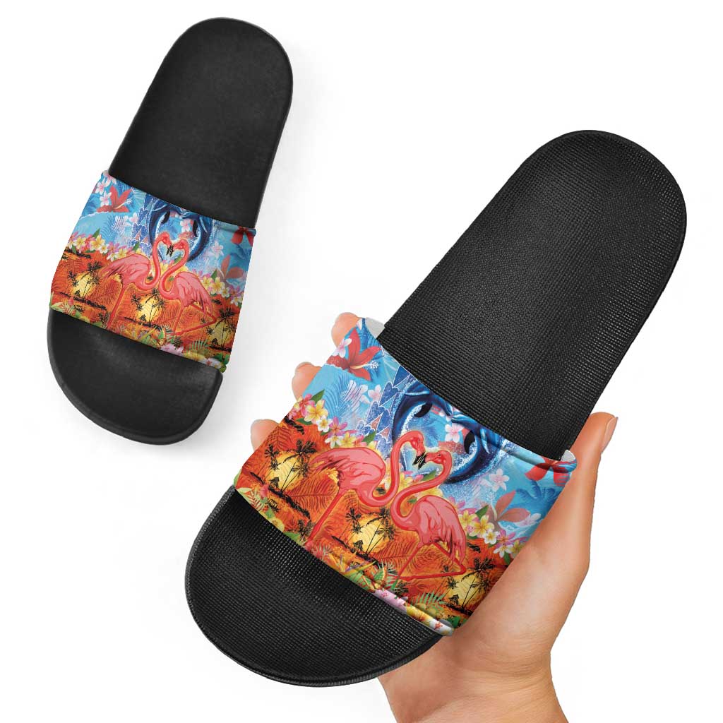 Hawaiian Love-Couple Dolphins and Flamingos Slide Sandals - Polynesian Pride