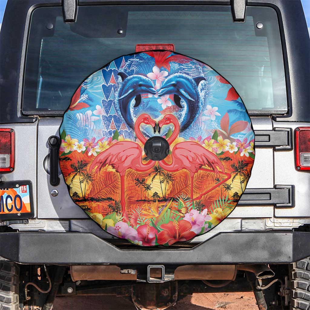 Hawaiian Love-Couple Dolphins and Flamingos Spare Tire Cover - Polynesian Pride