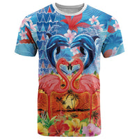 Hawaiian Love-Couple Dolphins and Flamingos T Shirt - Polynesian Pride
