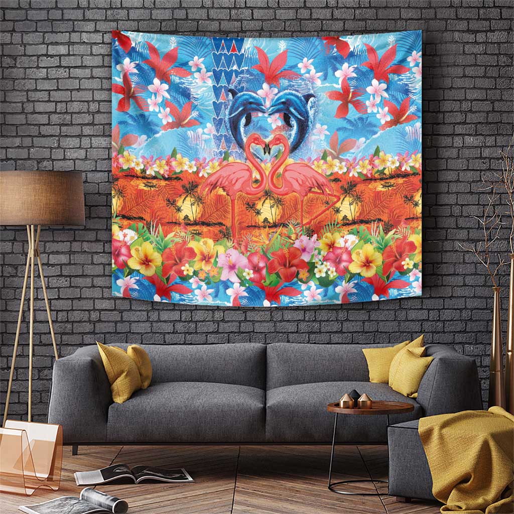 Hawaiian Love-Couple Dolphins and Flamingos Tapestry - Polynesian Pride